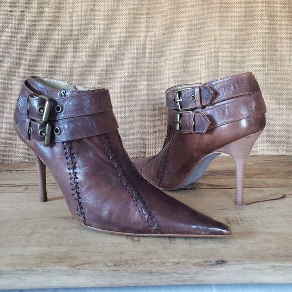 Vtg Carlos Santana Whipstitch Leather Dual Buckle Moto Pointy Ankle Booties 9 - Picture 4 of 13